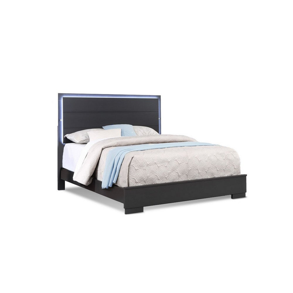 BENZARA Vin Modern Queen Sized Bed, Panel Headboard, LED Light, Charcoal Gray - BM283229