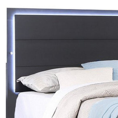 BENZARA Vin Modern Queen Sized Bed, Panel Headboard, LED Light, Charcoal Gray - BM283229