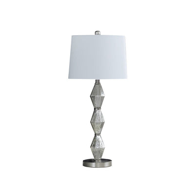 BENZARA Ruth 30 Inch Accent Table Lamp, Glass Diamond Pedestal Base, White, Silver - BM283265