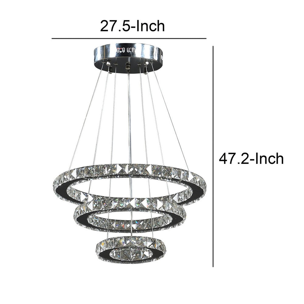 BENZARA 12- 47 Inch Ringed Adjustable Chandelier, 3 Circles Design, Chrome Silver - BM283277