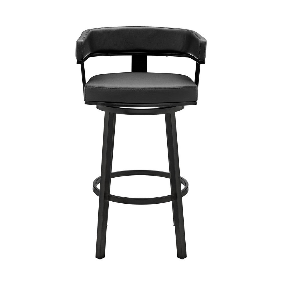 BENZARA Jack 30 Inch Bar Height Stool, Swivel Chair, Vegan Faux Leather, Black - BM283285