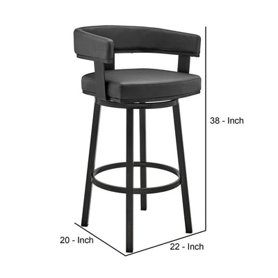 BENZARA Jack 30 Inch Bar Height Stool, Swivel Chair, Vegan Faux Leather, Black - BM283285