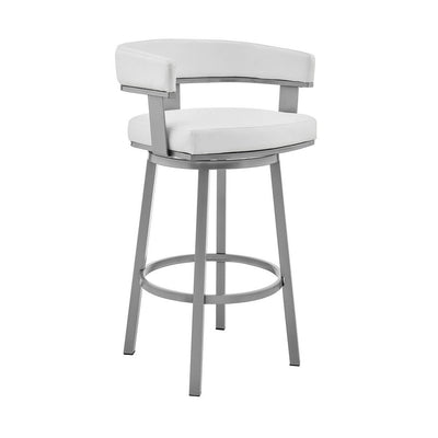 BENZARA Jack 30 Inch Bar Height Stool, Swivel Chair, Vegan Faux Leather, White - BM283291