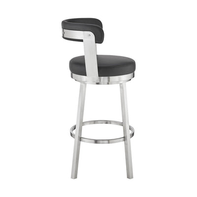 BENZARA Emma 30 Inch Bar Height Swivel Stool, Steel Legs, Vegan Faux Leather, Black - BM283293