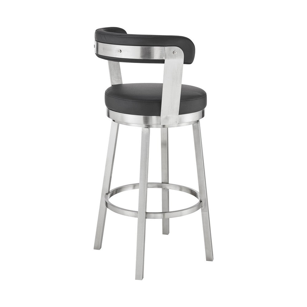 BENZARA Emma 30 Inch Bar Height Swivel Stool, Steel Legs, Vegan Faux Leather, Black - BM283293