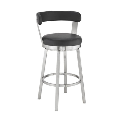 BENZARA Emma 30 Inch Bar Height Swivel Stool, Steel Legs, Vegan Faux Leather, Black - BM283293