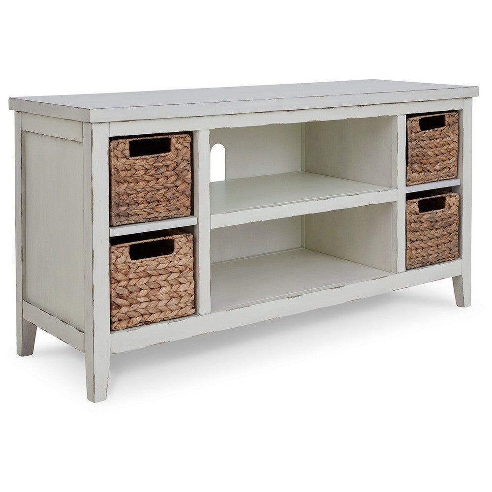 BENZARA Anya 47 Inch Rustic TV Entertainment Console, Open Shelf, 4 Baskets, White - BM283301