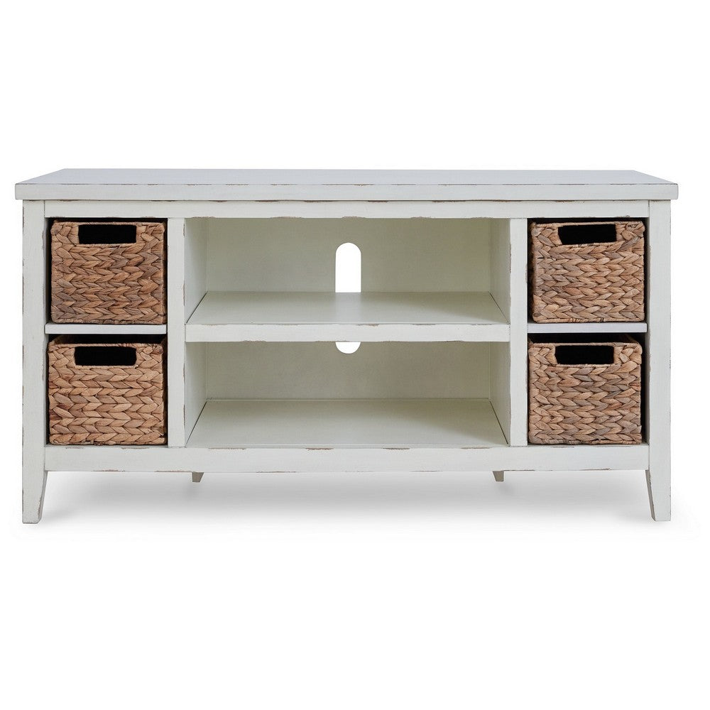 BENZARA Anya 47 Inch Rustic TV Entertainment Console, Open Shelf, 4 Baskets, White - BM283301