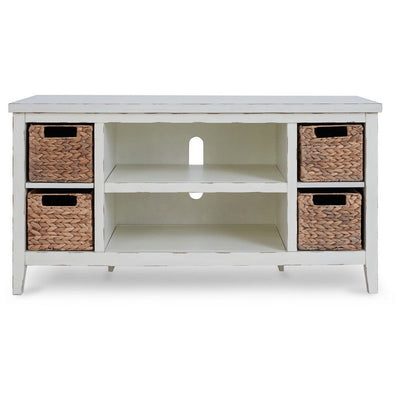 BENZARA Anya 47 Inch Rustic TV Entertainment Console, Open Shelf, 4 Baskets, White - BM283301