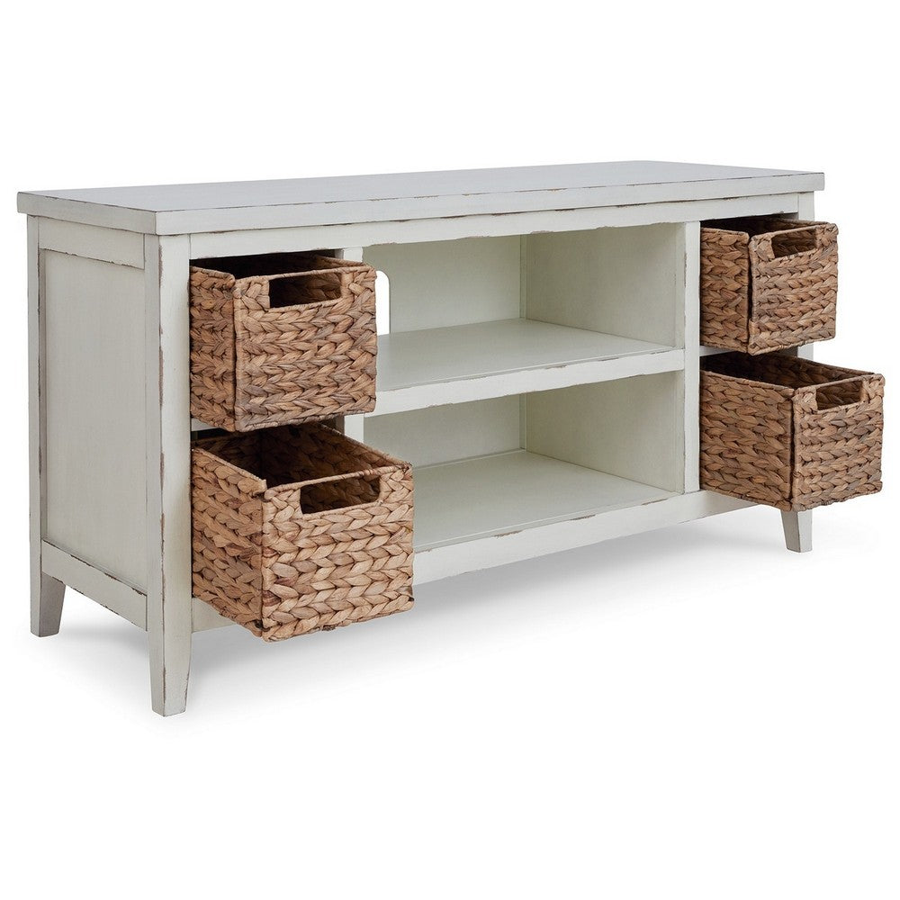 BENZARA Anya 47 Inch Rustic TV Entertainment Console, Open Shelf, 4 Baskets, White - BM283301