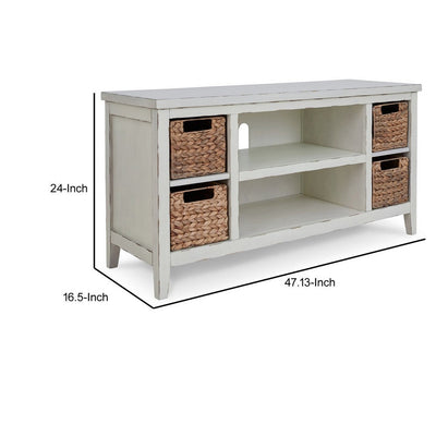 BENZARA Anya 47 Inch Rustic TV Entertainment Console, Open Shelf, 4 Baskets, White - BM283301