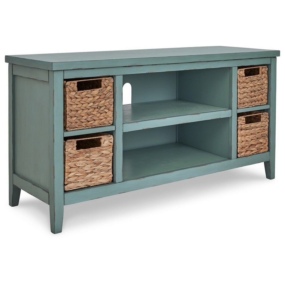 BENZARA Anya 47 Inch Rustic TV Entertainment Console,  Open Shelf, 4 Baskets, Blue - BM283303