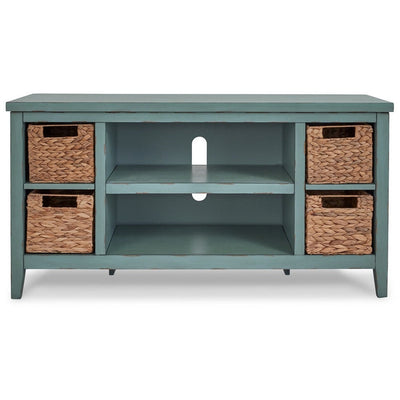 BENZARA Anya 47 Inch Rustic TV Entertainment Console,  Open Shelf, 4 Baskets, Blue - BM283303