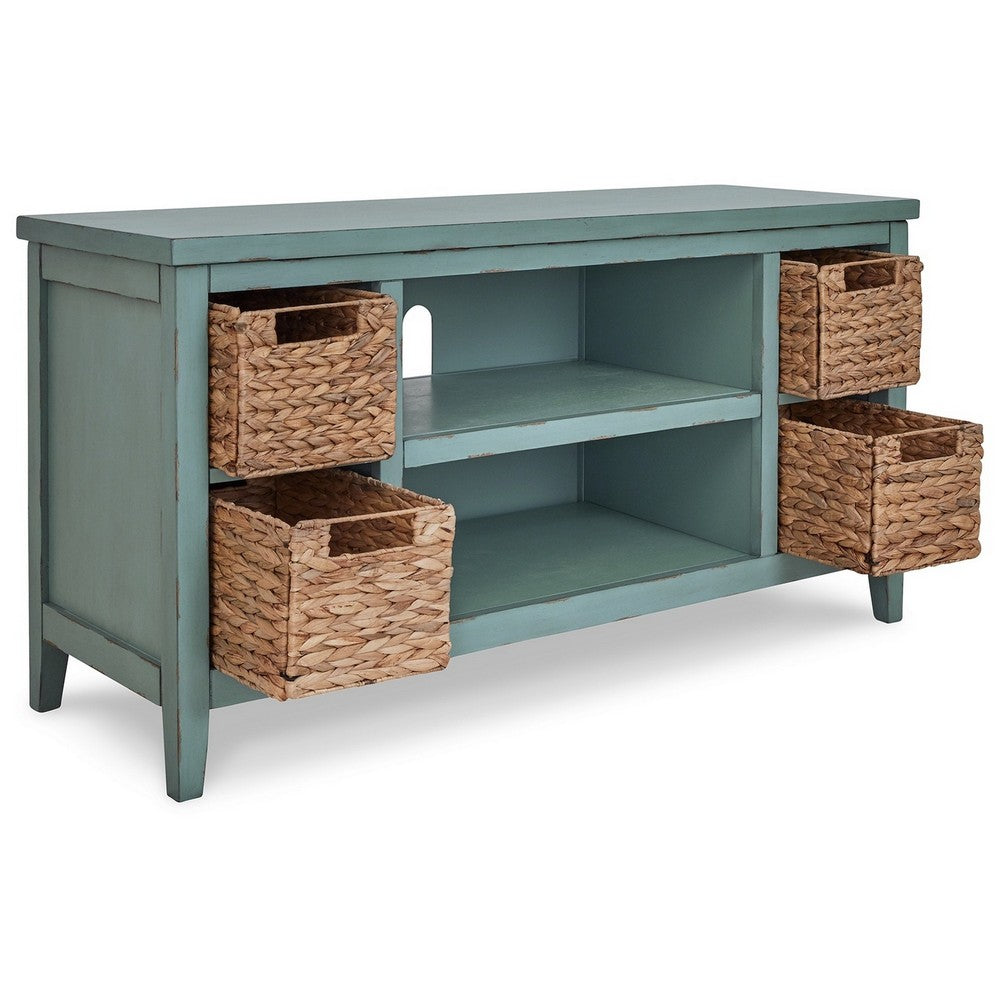 BENZARA Anya 47 Inch Rustic TV Entertainment Console,  Open Shelf, 4 Baskets, Blue - BM283303