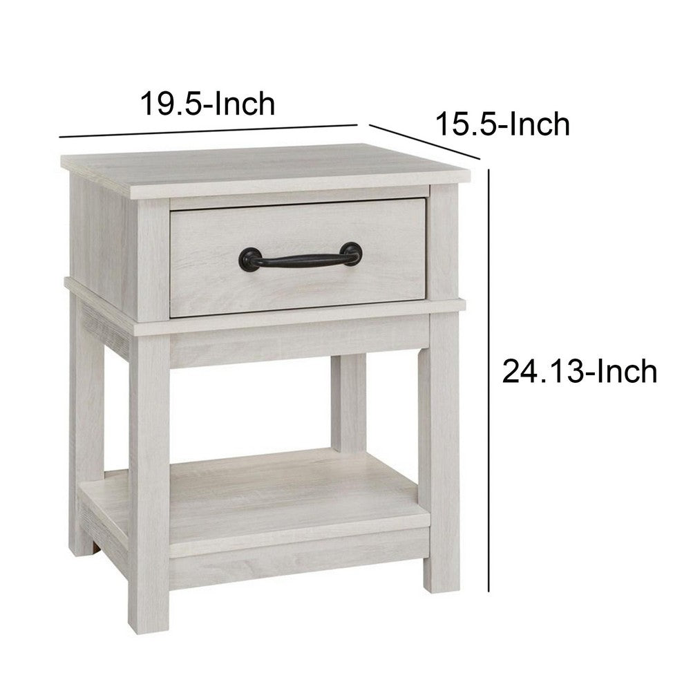 BENZARA Doe 24 Inch Rustic Composite Wood Nightstand, 1 Drawer, 1 Open Shelf, White - BM283308