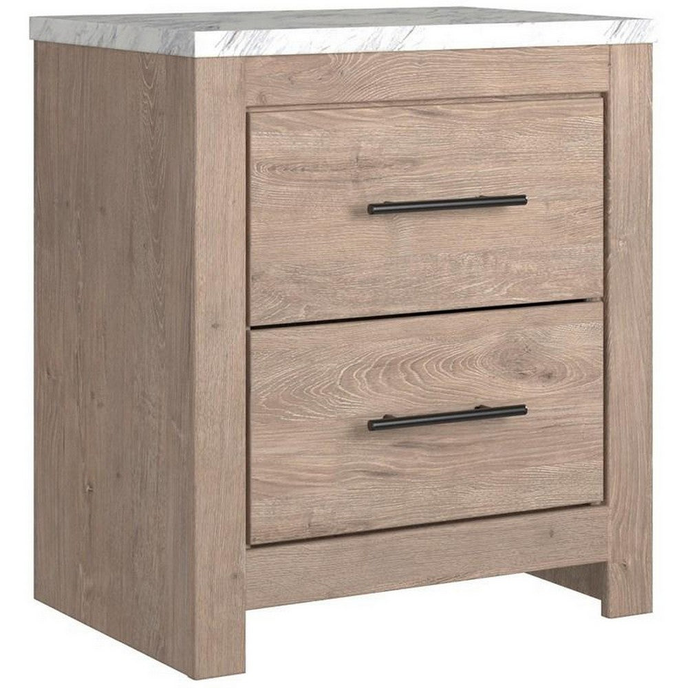 BENZARA Finley 25 Inch Rustic Wood Nightstand, 2 Drawer, Marble Top, Gray, White - BM283310