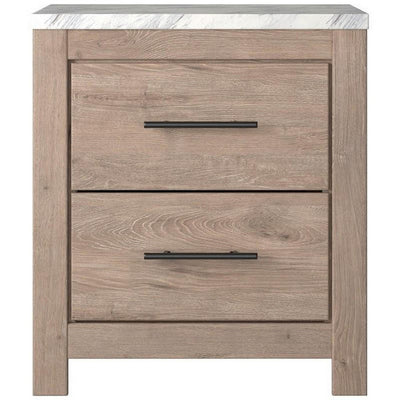 BENZARA Finley 25 Inch Rustic Wood Nightstand, 2 Drawer, Marble Top, Gray, White - BM283310