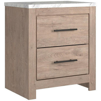 BENZARA Finley 25 Inch Rustic Wood Nightstand, 2 Drawer, Marble Top, Gray, White - BM283310