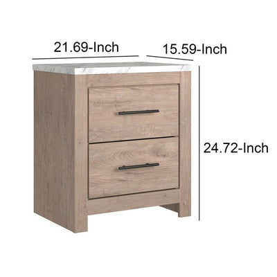 BENZARA Finley 25 Inch Rustic Wood Nightstand, 2 Drawer, Marble Top, Gray, White - BM283310