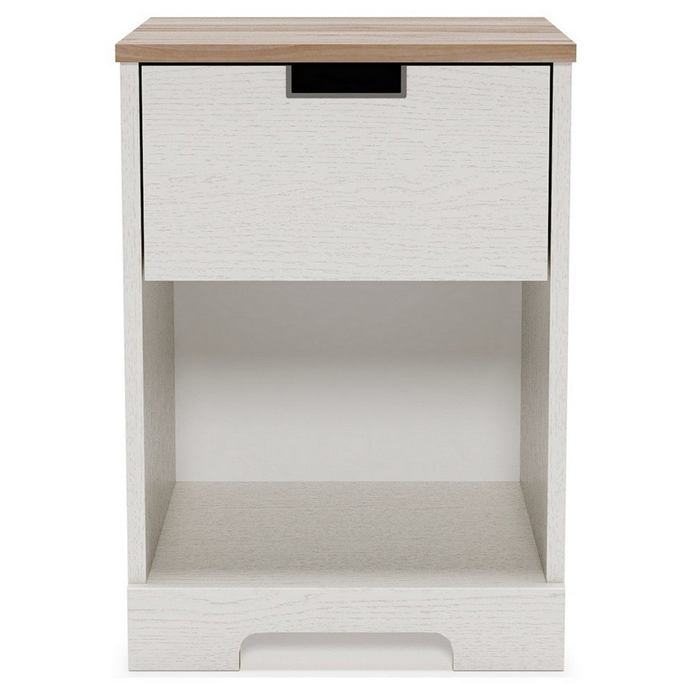 BENZARA Layla 22 Inch Modern Nightstand, 1 Gliding Drawer, 1 Shelf, Brown, White - BM283319