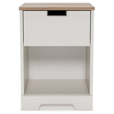 BENZARA Layla 22 Inch Modern Nightstand, 1 Gliding Drawer, 1 Shelf, Brown, White - BM283319