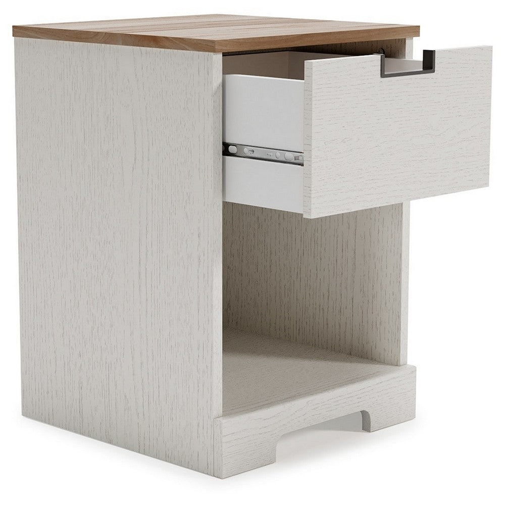 BENZARA Layla 22 Inch Modern Nightstand, 1 Gliding Drawer, 1 Shelf, Brown, White - BM283319