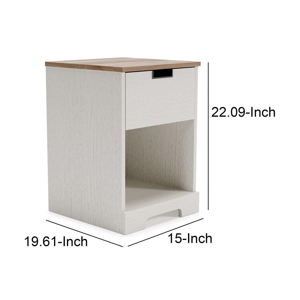 BENZARA Layla 22 Inch Modern Nightstand, 1 Gliding Drawer, 1 Shelf, Brown, White - BM283319