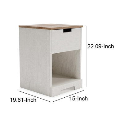 BENZARA Layla 22 Inch Modern Nightstand, 1 Gliding Drawer, 1 Shelf, Brown, White - BM283319