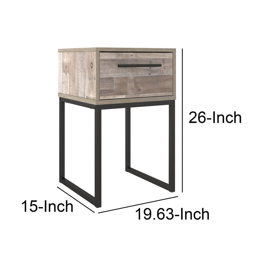 BENZARA Grace 20 Inch Modern Nightstand, Metal Base, 1 Drawer, Whitewashed Wood - BM283324