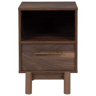 BENZARA Cora 21 Inch Modern Wood Nightstand, 1 Drawer, Metal Bar, Brown and Gold - BM283326