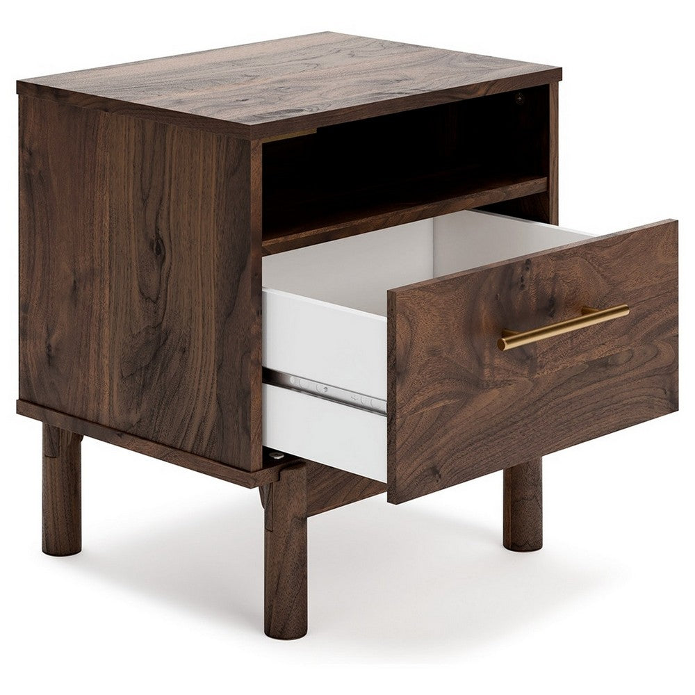 BENZARA Cora 21 Inch Modern Wood Nightstand, 1 Drawer, Metal Bar, Brown and Gold - BM283326