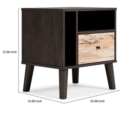 BENZARA Ella 24 Inch Modern Nightstand, 2 Compartments, Round Knob, Charcoal, Oak - BM283329