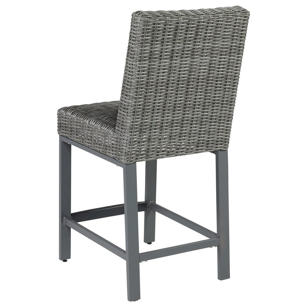 BENZARA Jack 28 Inch Outdoor Barstool Chair, Tall Backrest, Set of 2, Aluminum,Gray - BM283331