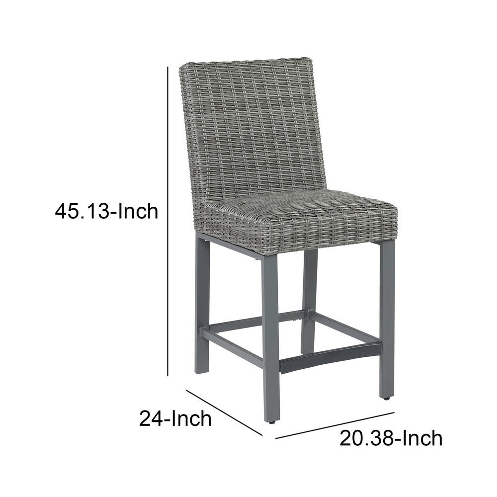 BENZARA Jack 28 Inch Outdoor Barstool Chair, Tall Backrest, Set of 2, Aluminum,Gray - BM283331