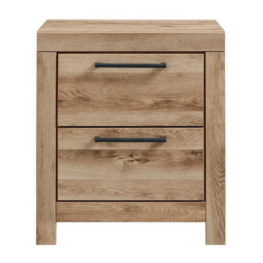 BENZARA Amy 24 Inch Modern Wood Nightstand, 2 Drawers, 2 USB Ports, Natural Brown - BM283332