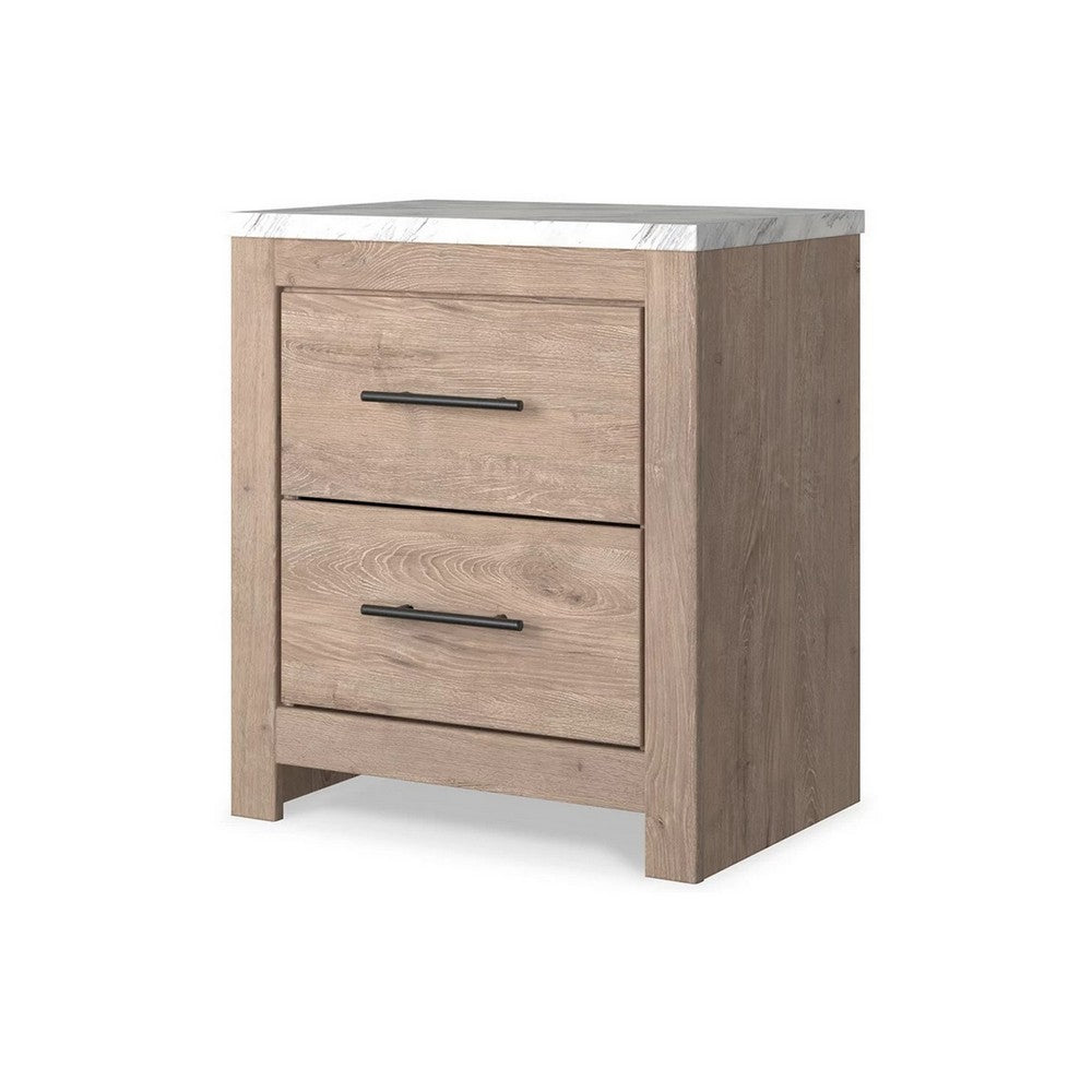 BENZARA Ariel 25 Inch Rustic Wood Nightstand, 2 Drawers, White Marble Top, Brown - BM283333