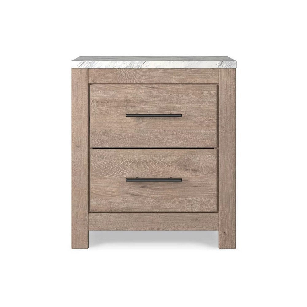 BENZARA Ariel 25 Inch Rustic Wood Nightstand, 2 Drawers, White Marble Top, Brown - BM283333