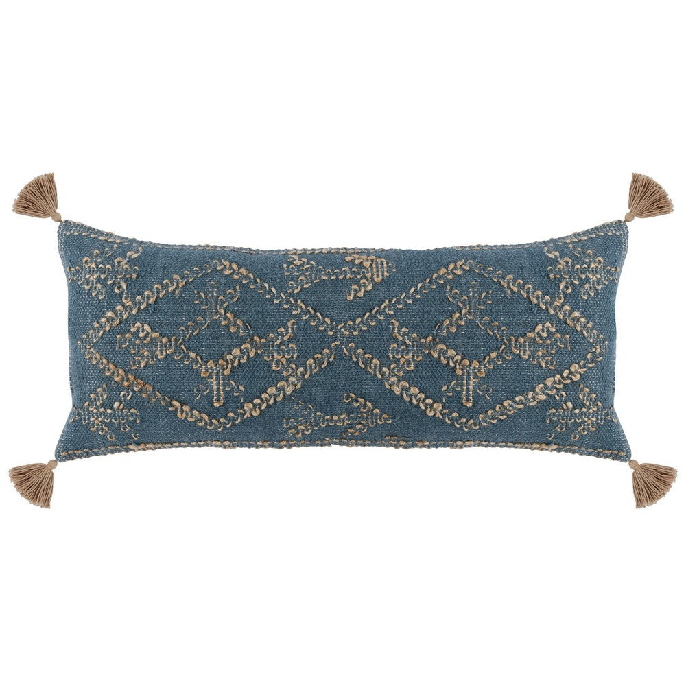 BENZARA 16 x 36 Accent Lumbar Pillow, Down, Blue Wool, Jute Woven Details, Tassels - BM283440