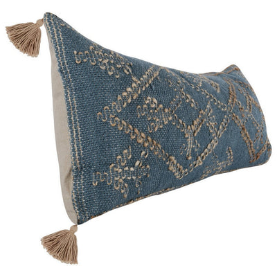 BENZARA 16 x 36 Accent Lumbar Pillow, Down, Blue Wool, Jute Woven Details, Tassels - BM283440