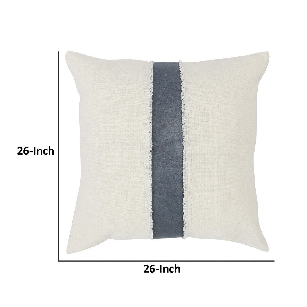 BENZARA 26 x 26 Accent Throw Pillow, Faux Leather Center, Fringed, White, Gray - BM283443