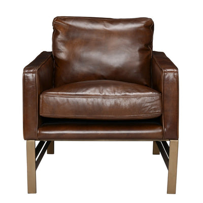 BENZARA 34 Inch Classic Accent Club Chair, Top Grain Leather, Brass Frame, Brown - BM283459