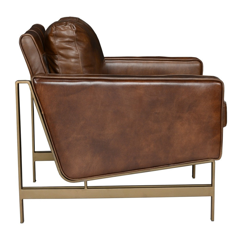 BENZARA 34 Inch Classic Accent Club Chair, Top Grain Leather, Brass Frame, Brown - BM283459