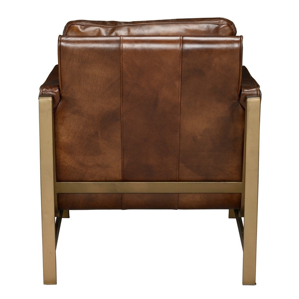 BENZARA 34 Inch Classic Accent Club Chair, Top Grain Leather, Brass Frame, Brown - BM283459