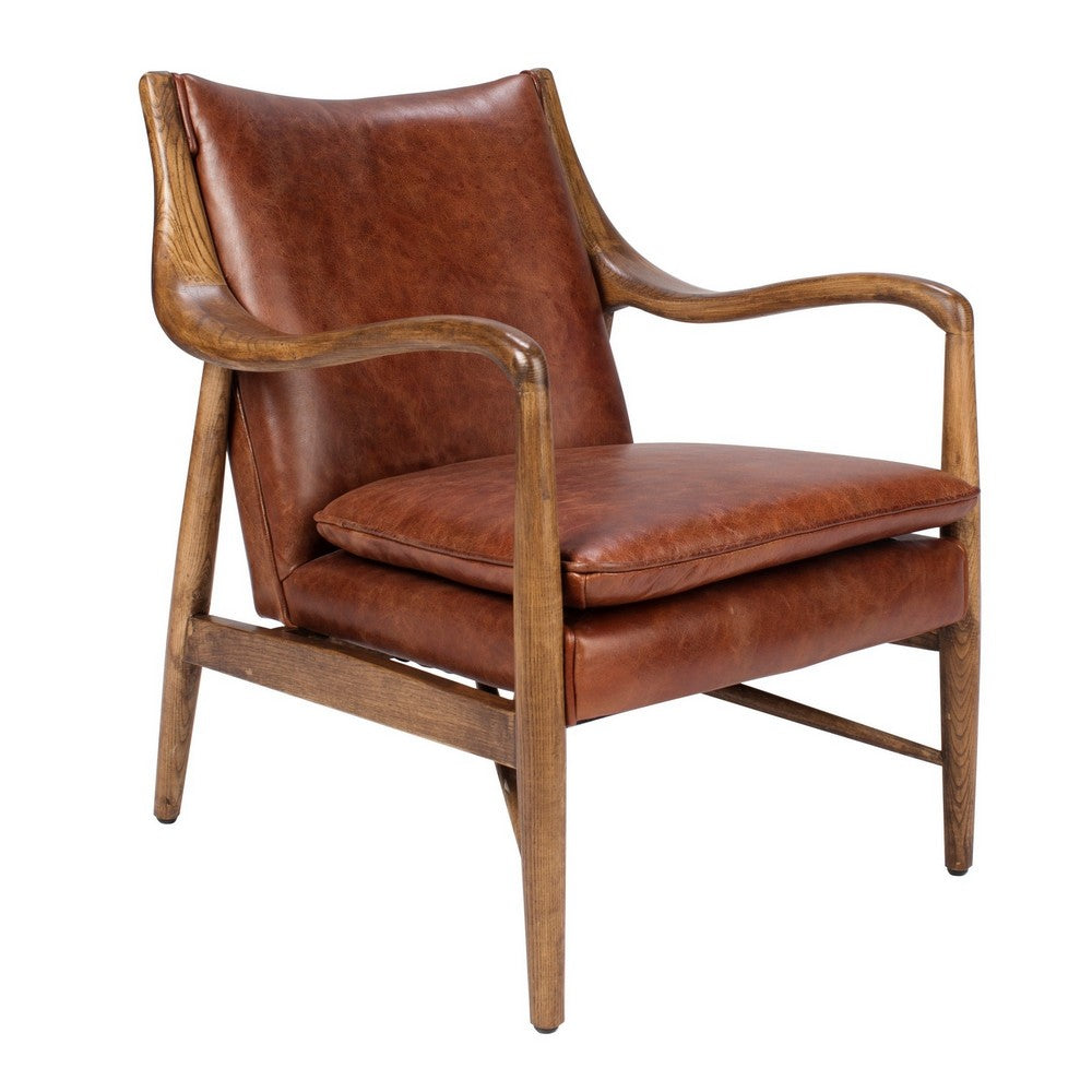 BENZARA 29 Inch Classic Wood Club Chair, Top Grain Leather Seat, Curved Arms, Brown - BM283460