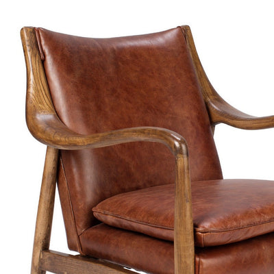 BENZARA 29 Inch Classic Wood Club Chair, Top Grain Leather Seat, Curved Arms, Brown - BM283460