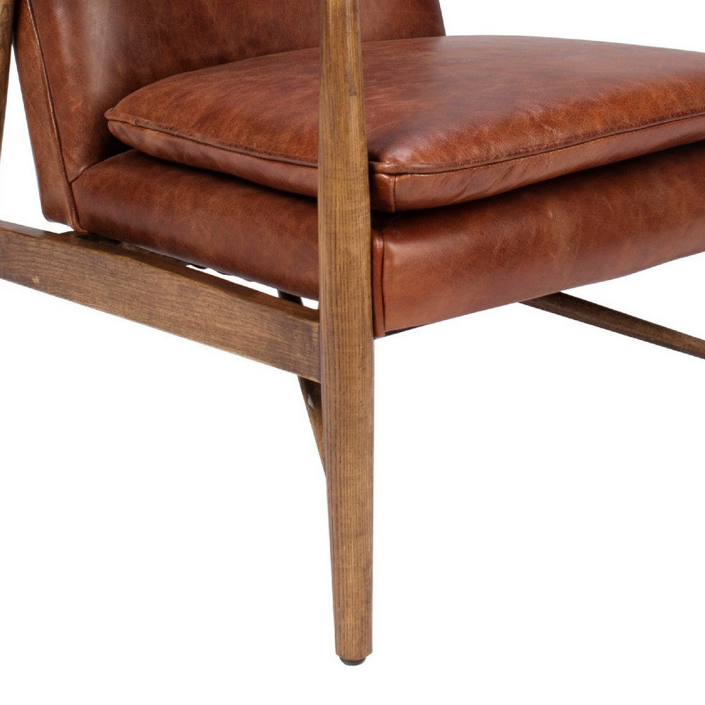 BENZARA 29 Inch Classic Wood Club Chair, Top Grain Leather Seat, Curved Arms, Brown - BM283460