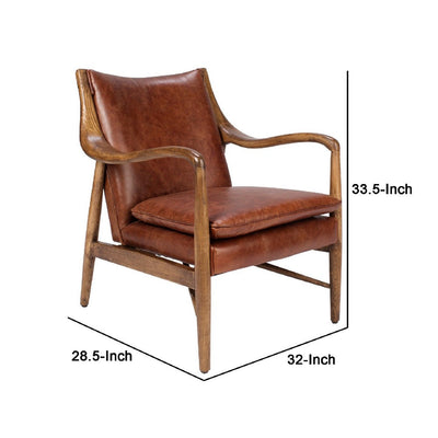 BENZARA 29 Inch Classic Wood Club Chair, Top Grain Leather Seat, Curved Arms, Brown - BM283460