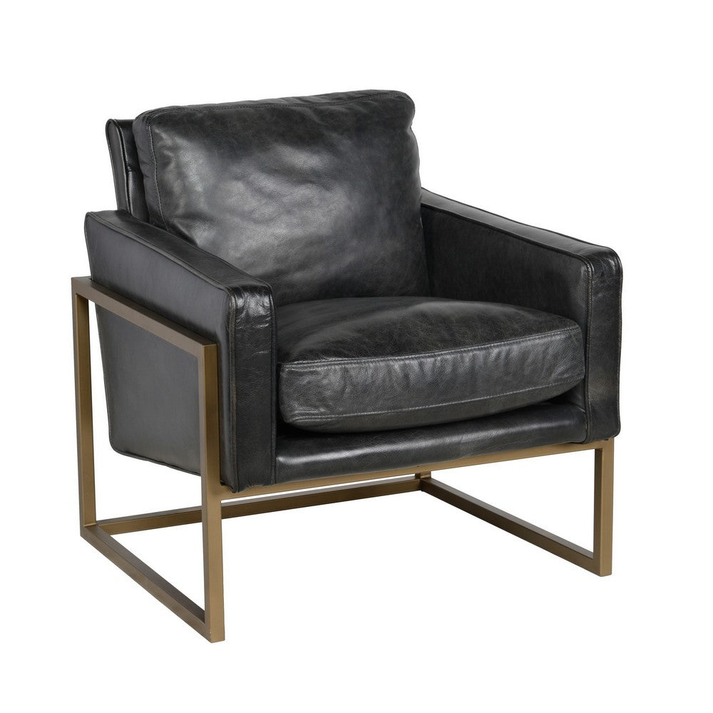 BENZARA 30 Inch Classic Club Chair, Top Grain Black Leather Upholstery, Brass Frame - BM283461