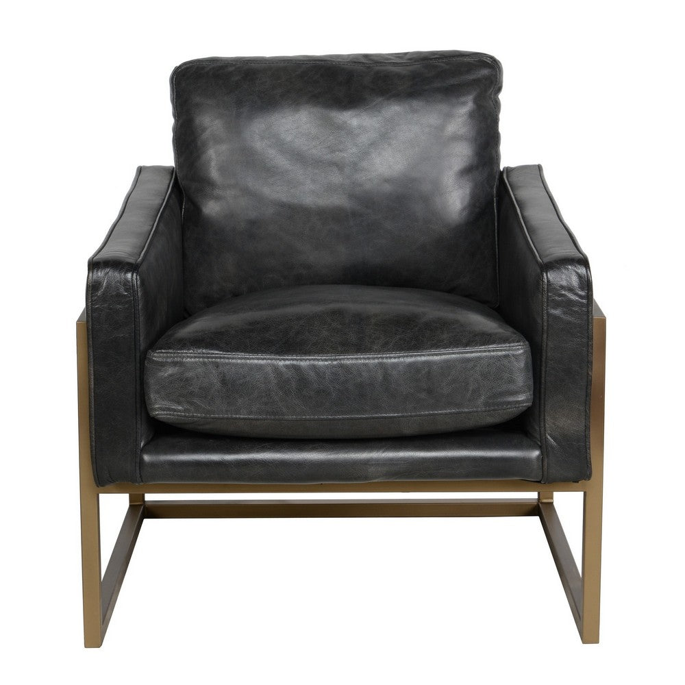 BENZARA 30 Inch Classic Club Chair, Top Grain Black Leather Upholstery, Brass Frame - BM283461