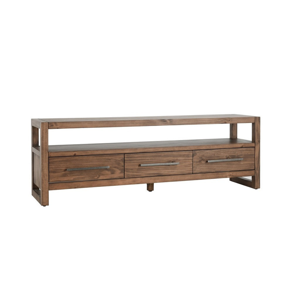 BENZARA Jax 66 Inch Rustic Wood Entertainment Console, 3 Drawers, 1 Shelf, Brown - BM283462